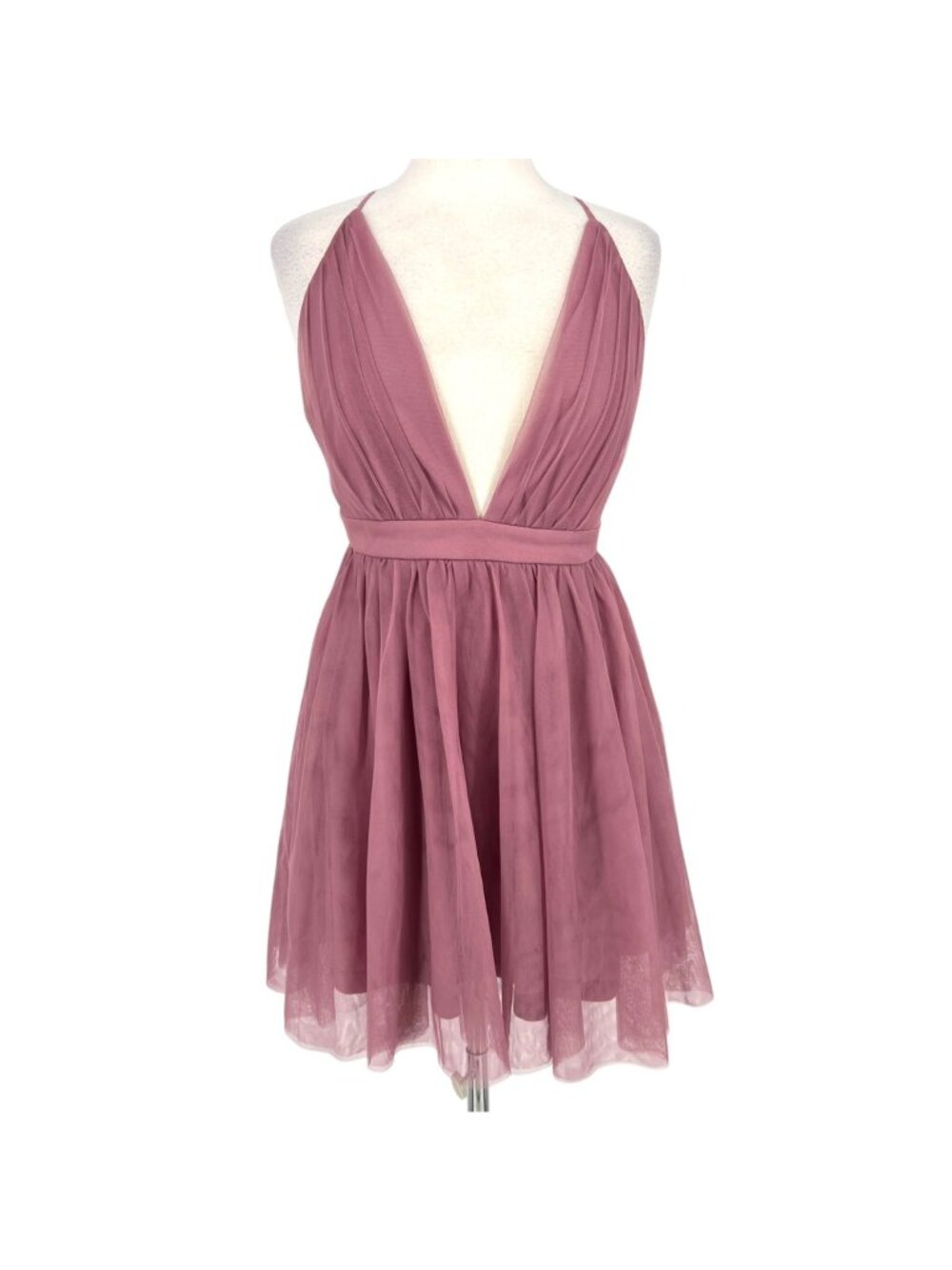Maniju Mauve Plunge Halter Coquette Mini Dress Crisscross Back Size Medium NWT
